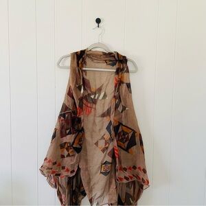 Boho Geometric Print Open Vest — Taupe with Rust & Navy